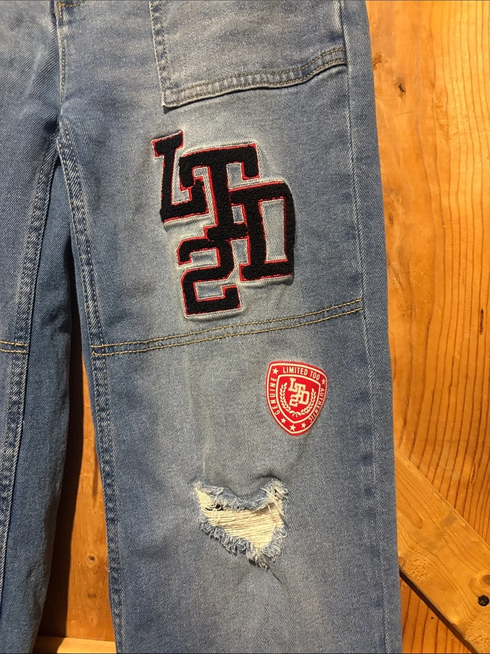 Limited Too Blue Patchwork Wide-Leg Jeans with Embroidered Patches